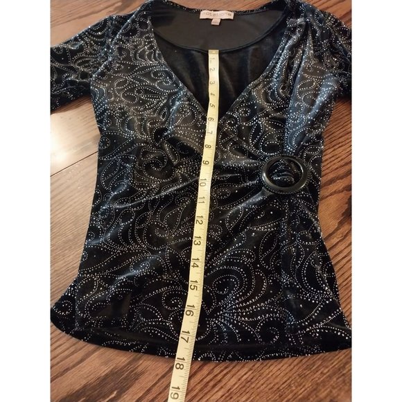 Notations Petite PS Womens Velvet Black Shimmer Long Sleeve Shirt Top - Picture 9 of 12